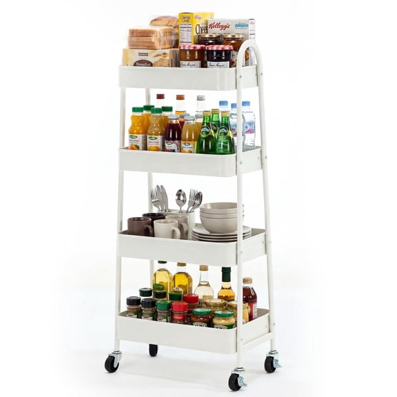 SUMELL 4-Tier Rolling Utility Cart, Lockable Casters Metal Shelf, Narrow Space Organizer for Home Kitchen Bathroom, White
