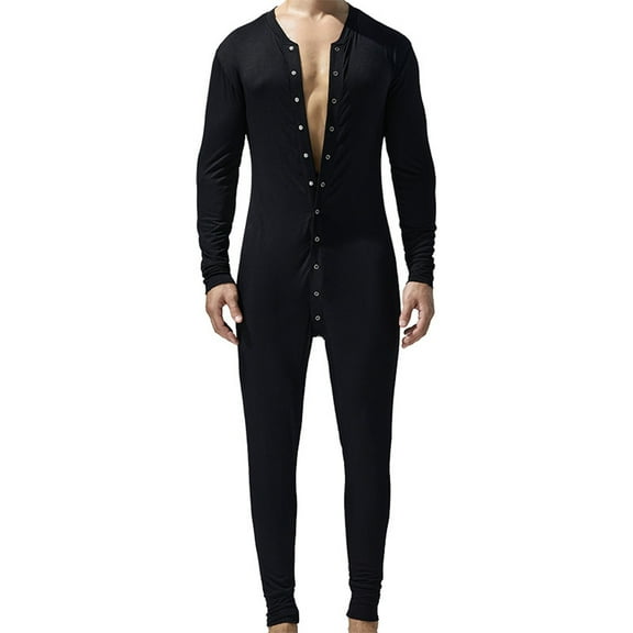 Mens Long Sleeve Onesie Jumpsuit Button Down Pajamas Stretchy Cotton Sexy Lounge One Piece Romper