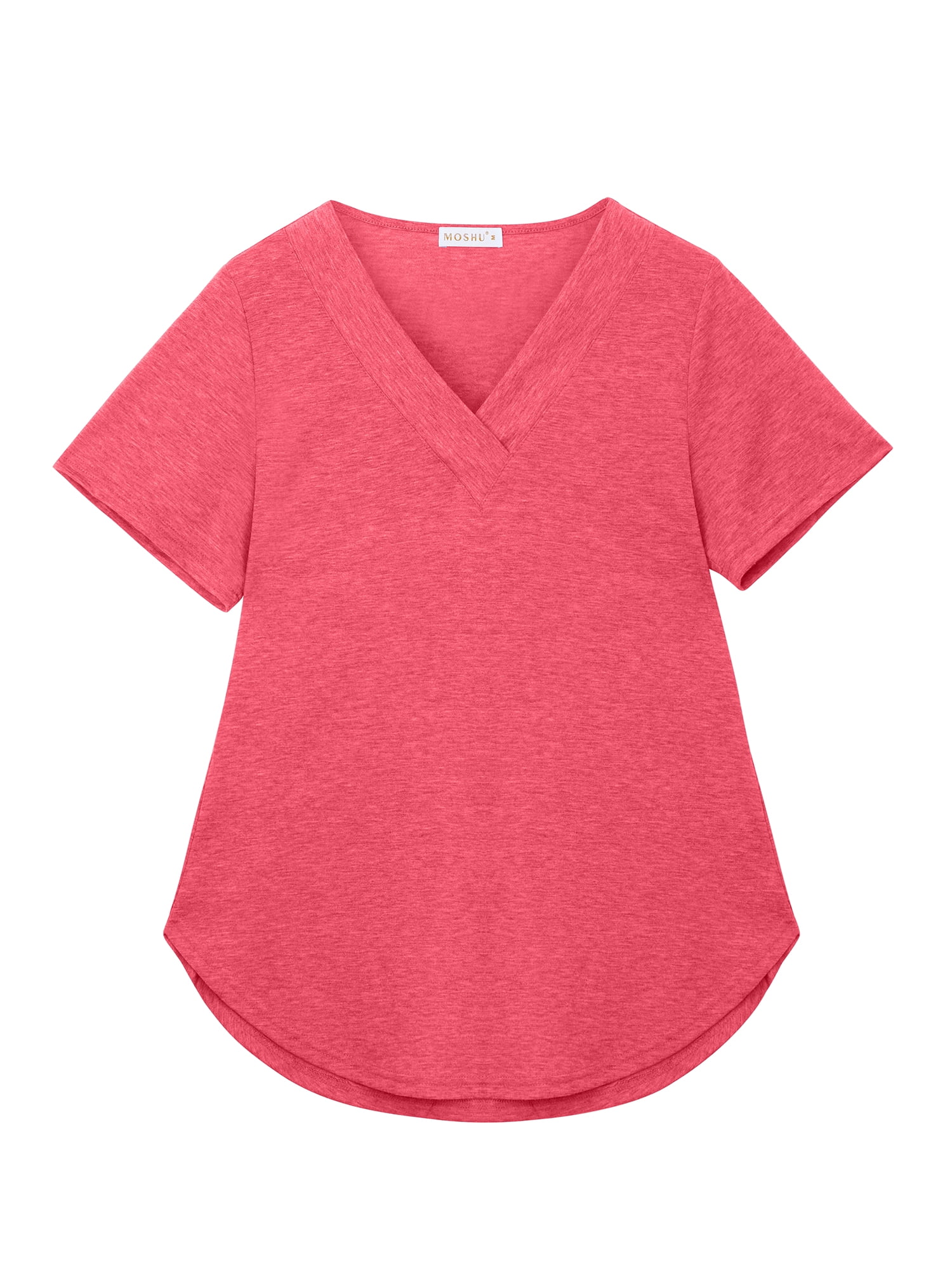 MOSHU Deep V Neck Womens Tops Curved Hem Shirts for Women Fashion Trendy Blouses Casual Loose Fit Tees Tops