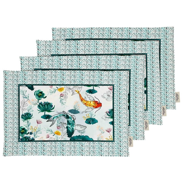 Vargottam Napperons - Ensemble de Table pour Table à Manger, Ensemble de 4 - Imprimé & Réversible Serviette en Coton - Napperons d'Intérieur pour Maison & Cuisine Table à Manger - Océan (Bleu Sarcelle)