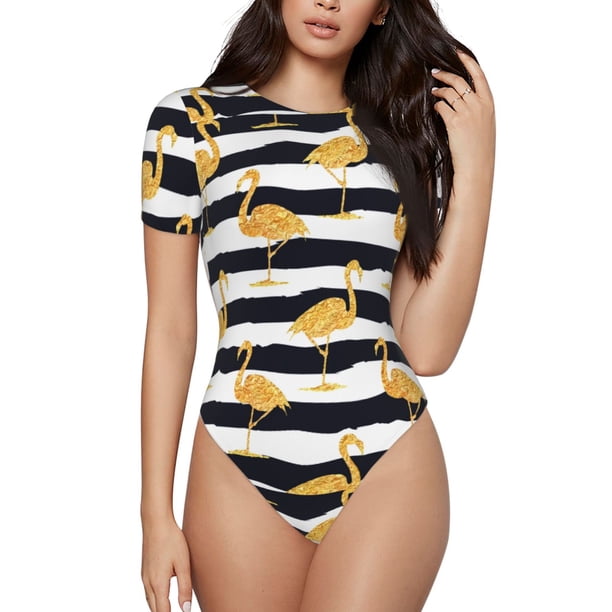 Fotbe Gold Flamingo Body de Mujer con Cuello Redondo y Mangas Cortas, Sin Mangas Ajustado, Suave, Cómodo y Básico-Medium