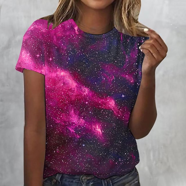 Lydiaunistar Blouse Légère à Manches Courtes Imprimée Col Rond Printemps pour Femmes Grande Taille Polyester Rose Vif à la Mode