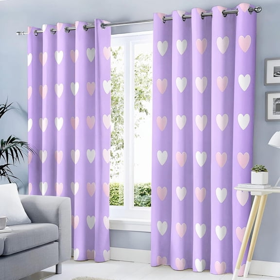 Lavender Purple Blackout Curtains Cute Heart Curtains For Living Room Thermal Insulated Privacy Drapes For Bedroom, Cartoon Geometric Print Window Treatment-42"W x 63"L (Pack of 2)