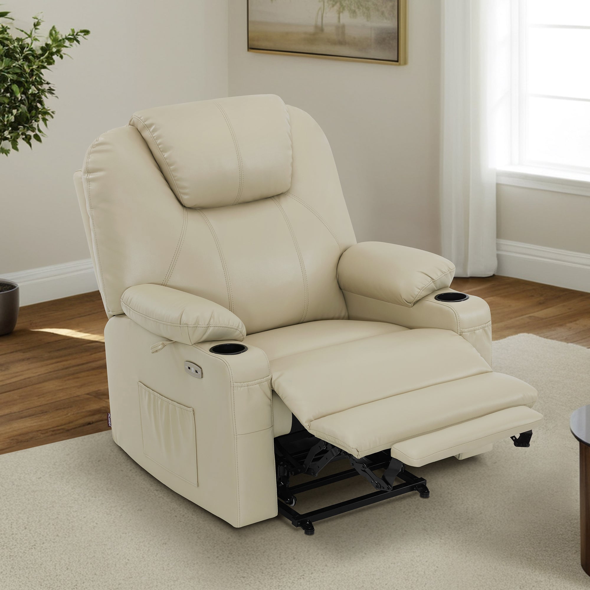 MCombo Large-Wide Power Lift Recliner Chair Sofa with Massage and Heat for Elderly People, Cup Holders, USB&Type C Ports, Side Pockets, Faux Leather (Cream White, Large-Wide)