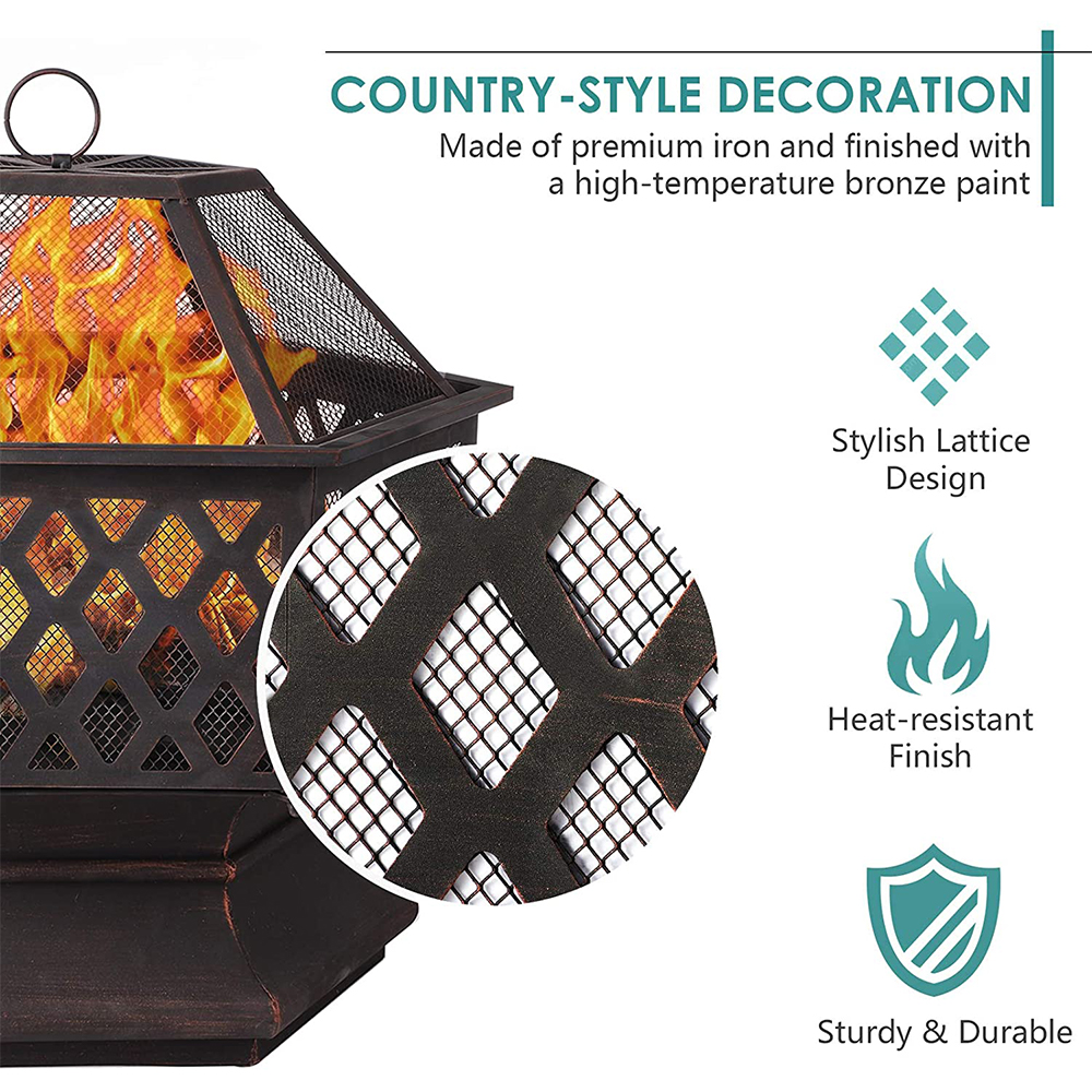 24" Fire Pit with Flame-Retardant Lid, Hex-Shaped Steel Outdoor Metal Fire Pit Decoration Accent, Premium Fire Pit with Poker, Wood Burning Fireplace Ice Pit for Backyard Patio Garden BBQ Grill, S7035 - image 4 of 8