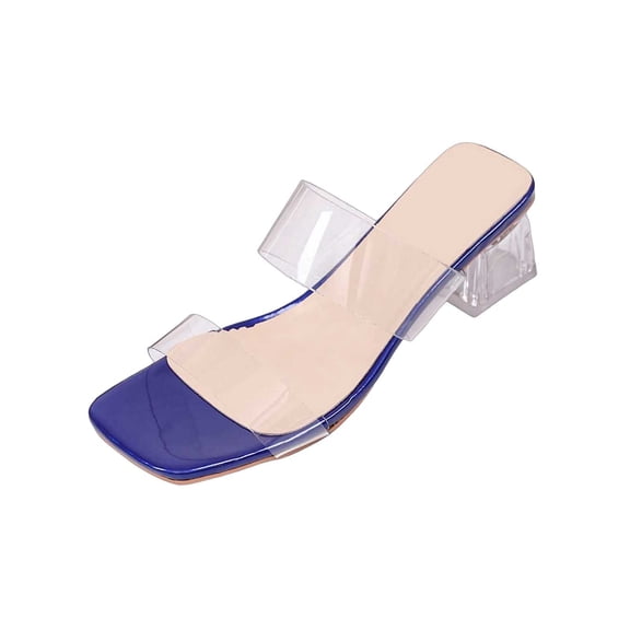 Qingpeng Womens Transparent Open Toe Sandals Chunky Heel One Line Toe Strap Summer Fashion Clear Shoes Club Party Daily Casual Footwear