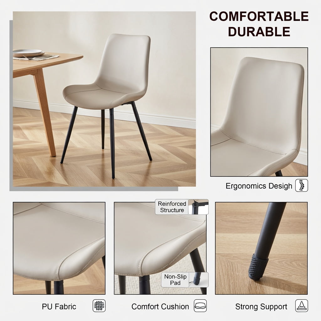 Hommoo Set of 4 Modern Faux Leather Dining Chairs with Black Metal Cross Legs, Curved Wide Cushion for Superior Comfort in Restaurants, Kitchens, Offices & Bedrooms, Light Gray