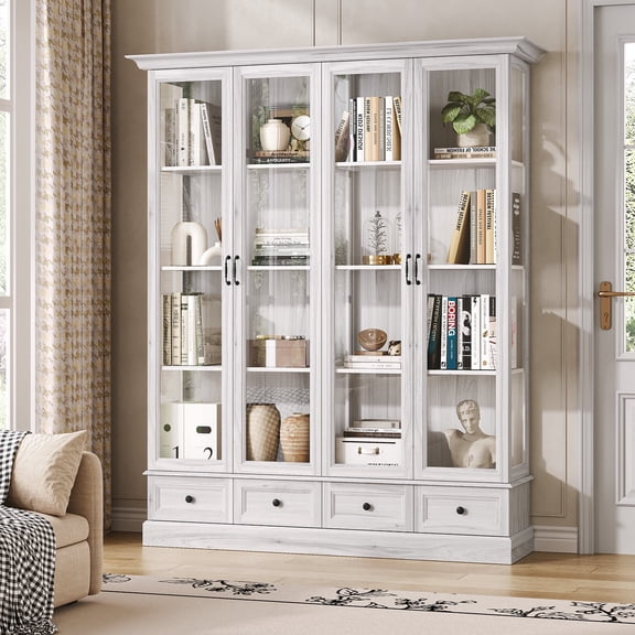 NIUEJOI 78" Tall Display Cabinet with Glass Doors, Gray Storage Cabinet with Adjustable Shelves and Drawers for Living Room