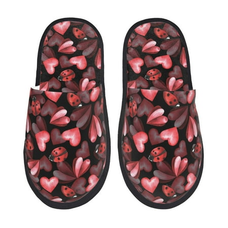 Balery Ladybugs and Red Hearts Slient Indoor Furry Fleece Comfort House Shoes Soft Non-Slip Home Shoes Cotton slippers House Slippers-- Medium