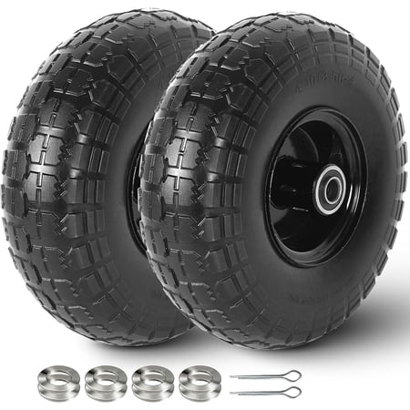 2 Pack) 4.10/3.50-4 Flat Free Tire and Wheel, 10-Inches Solid Tires for Wheelbarrow, Dolly, Hand Truck, Wagon, Garden Cart, Generator Wheels Replacement - 5/8" Bearings, 2.2" Offset Hub