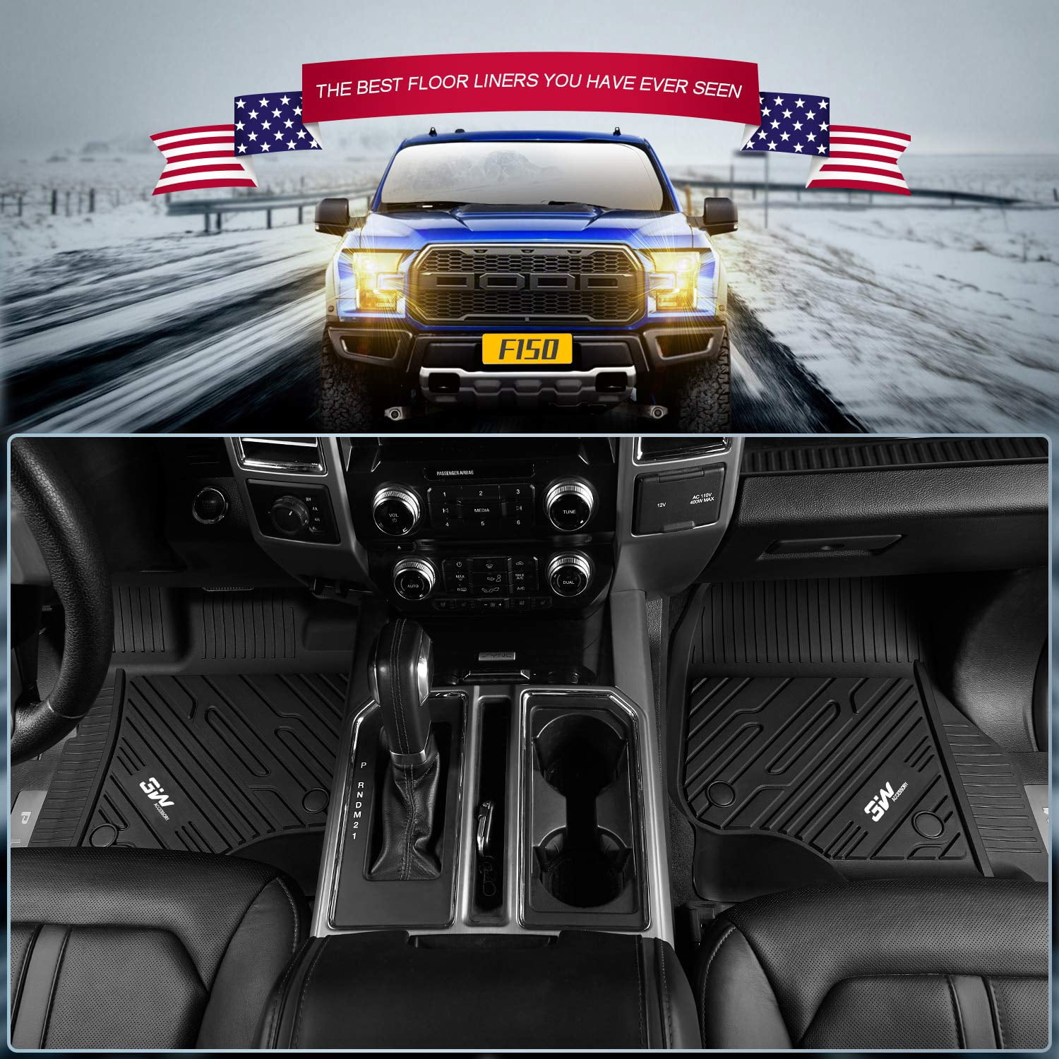 3W Floor Mats for Ford F150 SuperCrew Cab (2015-2020) Heavy Duty 1st & 2nd Row Bucket Seating TPE Floor Liner Custom Fit Car Mats, Black