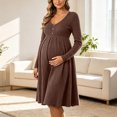 thumbnail image 6 of UKHCCC Women's Maternity Midi Dress, V-Neck Long Sleeve Ribbed Knit A-Line Dress with High Waist, Stretchy Loose Pregnancy Dress for Work, 6 of 8