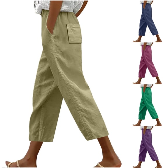 WEIee Womens Capris Casual Summer Pocket Cropped Pants with Drawstring Solid Color Straight Leg Versatile Trousers Loose Fit Holiday Ladies Pants Green L