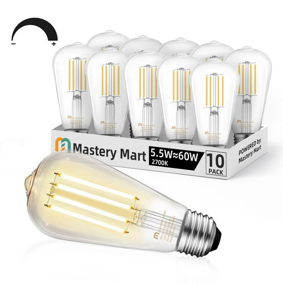 Mastery Mart Vintage LED Light Bulb 2700K Soft White, Dimmable, 5.5W (60 Watt Equivalent), ST21/ ST64 Clear Glass Antique Edison Style, 500LM E26 Decorative Filament Bulb, 10 Count