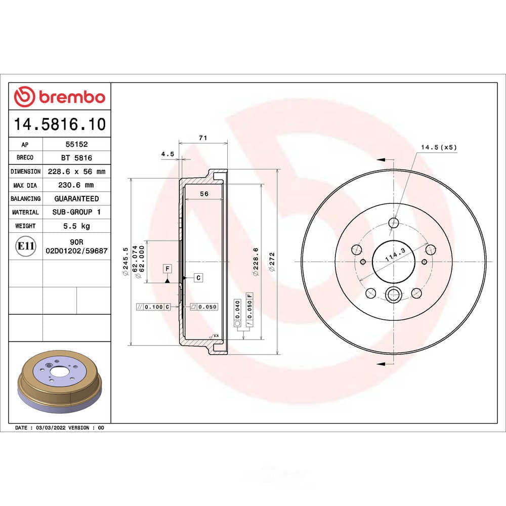 NEW Rear Left or Right Brake Drum Brembo 5 Lugs For Toyota Camry Solara 2.2L Fits select: 2000 TOYOTA CAMRY CE/LE/XLE, 2001 TOYOTA CAMRY LE/XLE