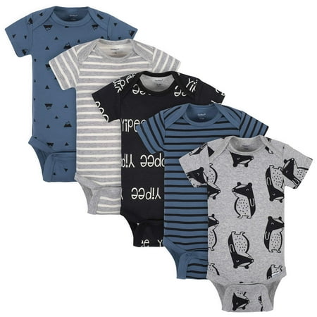 

Grow by Gerber Baby Boys 5-Pack Short-Sleeve Onesies Bodysuits Black/White/Grey/Blue 6-9 Months