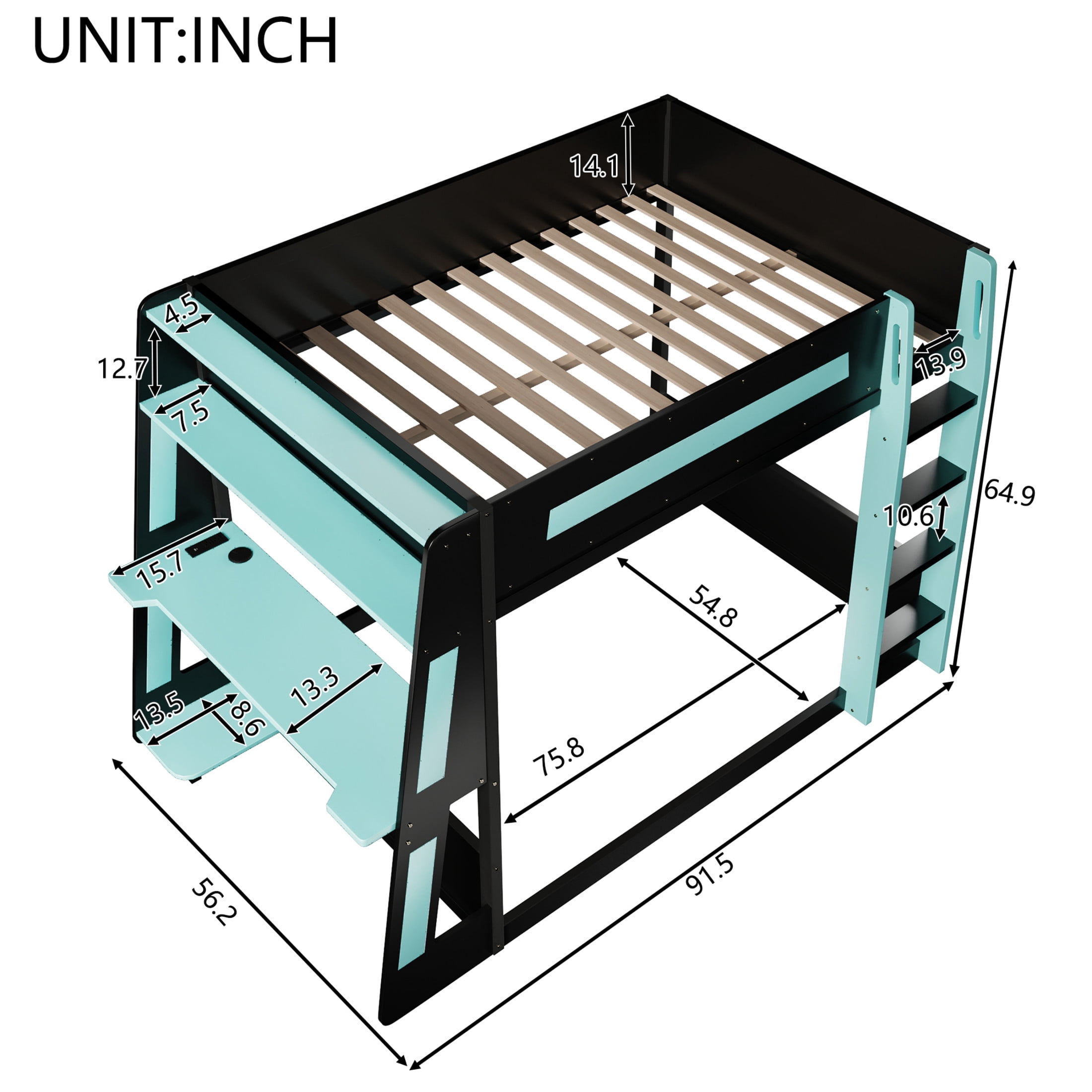 Noble House Nira Full Gaming Bunk Bed with Desk and LED Lights, Wood Loft Bed with Charging Ports, Black and Blue