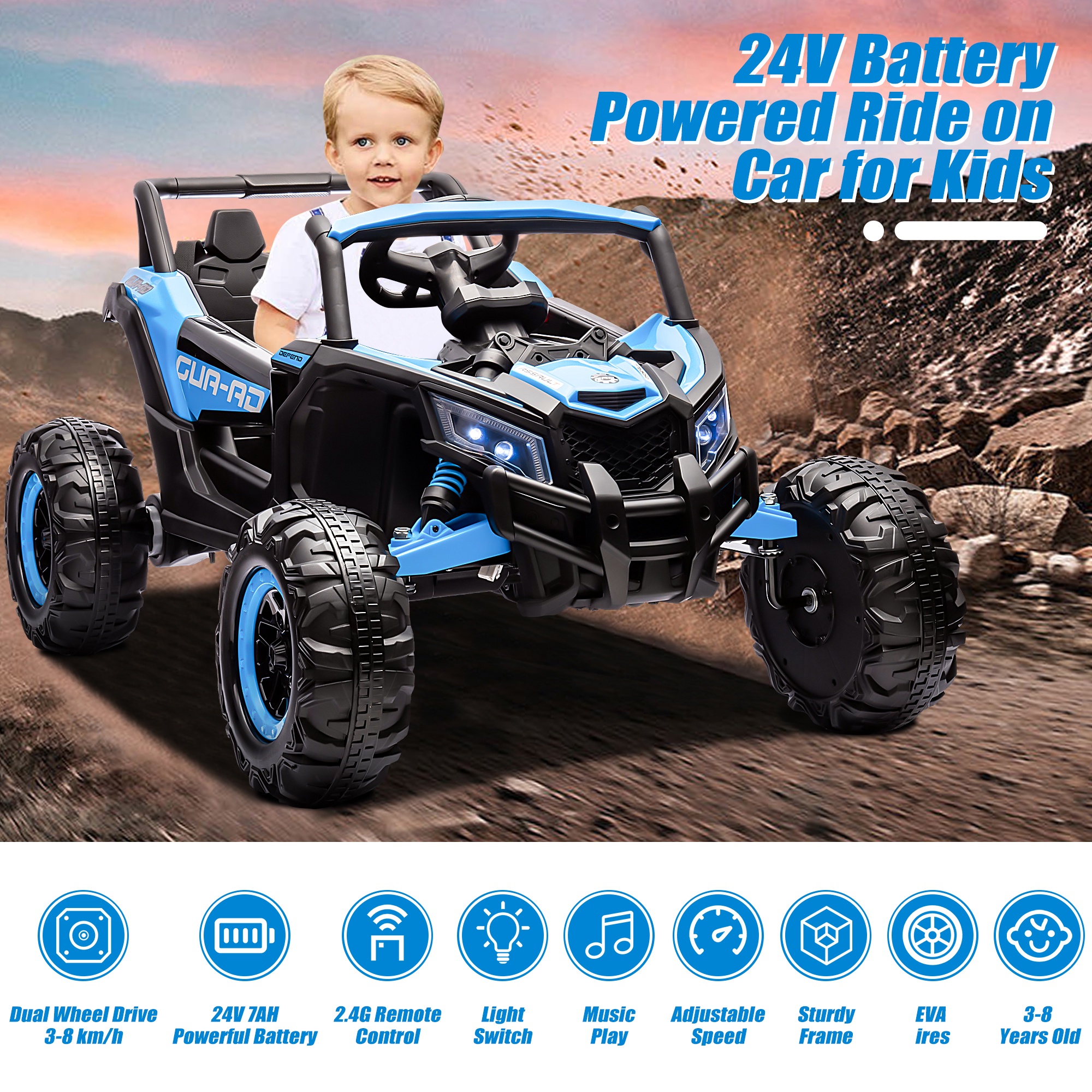 iRerts 24V Powered Ride on Car UTV, Kids Ride on Toys with Remote Control, Bluetooth, Music, 4 Wheels Suspension, LED Light, Kids Cars 4 Wheeler Electric Vehicles for Boys Girls Ages 3-5 Gifts, Black