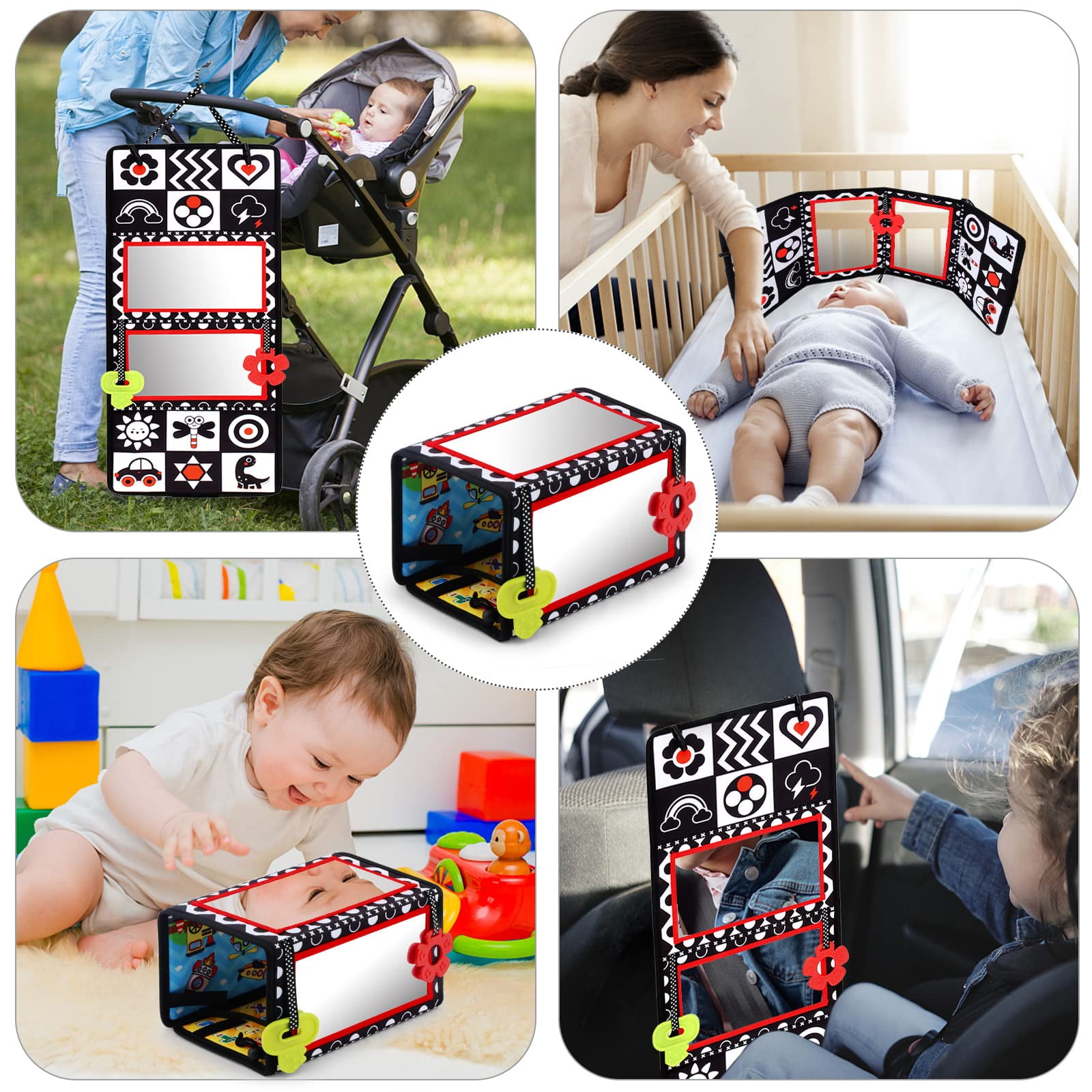 Tummy Time Floor Mirror with Teethers, Double-Sided Baby Mirror Black and White High Contrast Baby Toys for Babies, Baby Montessori Toys Crawling Developmental Newborn Infant Sensory Toys