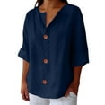 thumbnail image 2 of Button Down Shirts for Women, Linen Summer Cotton V Neck 3/4 Sleeve Tops Loose Beach Blouses Tunic, Blue S-5XL, 2 of 6