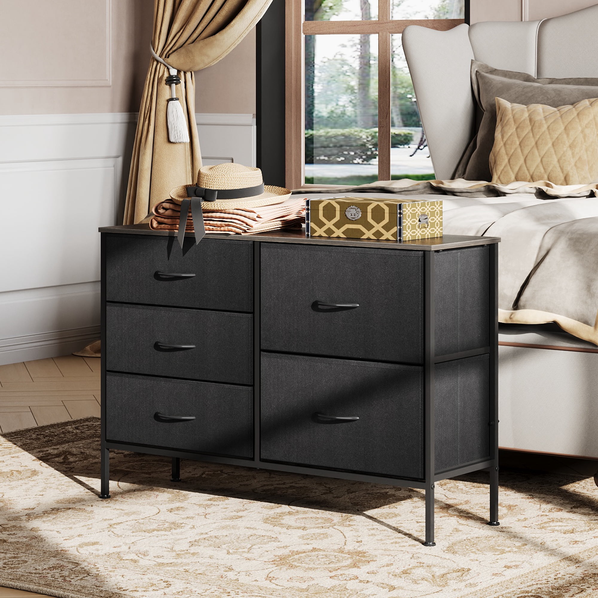 GALAXHERO 5 Drawer Dresser for Bedroom, Wide Chest of Drawers Nightstand Storage Organizers with Wood Top for Living Room, Hallway, Charcoal Black