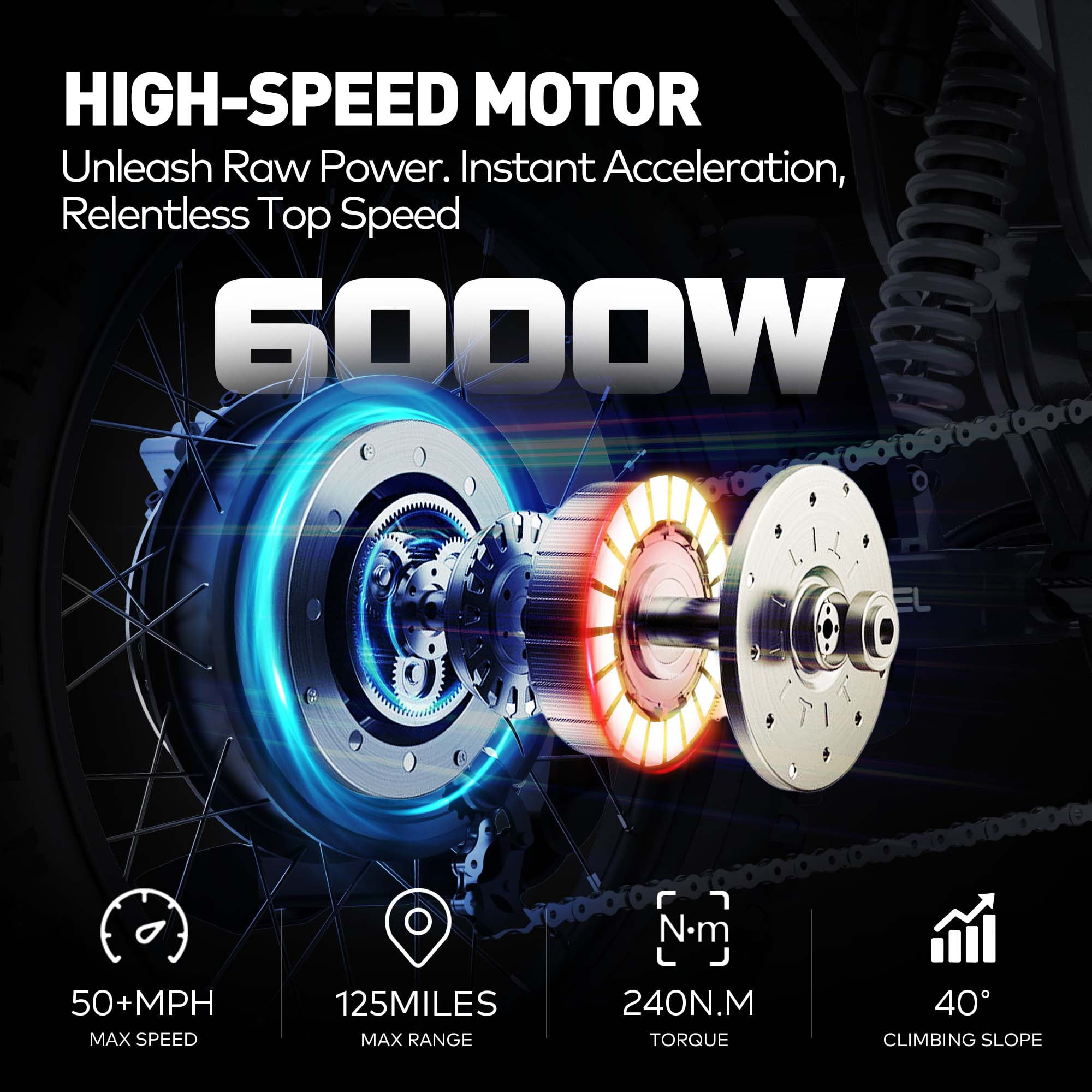 COSWHEEL Electric Bike for Adult, 72V 40AH Electric Dirt Bike, Peak 6000W 19” Tires, 50MPH+ Top Speed, 125 Miles Max Range, Electric Motorcycle Snow, Mountains, Off-Road Ebike for Teens