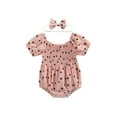 thumbnail image 1 of Bagilaanoe Summer Baby Girls Romper Infant Heart Print Puff Short Sleeve Jumpsuit 6M 12M 18M 24M Bodysuit + Headwear, 1 of 9