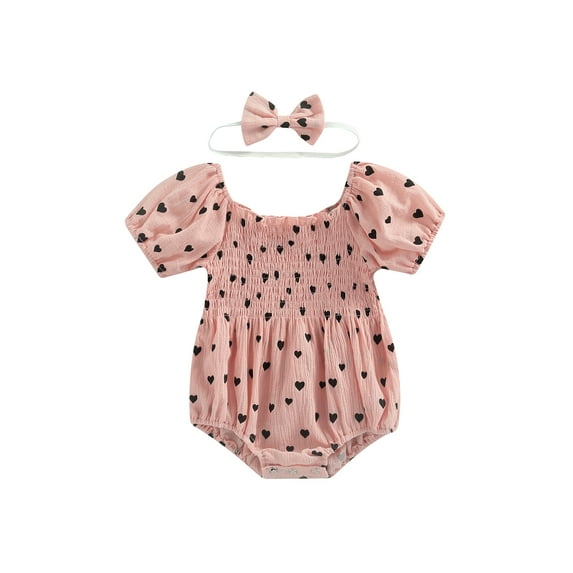 Bagilaanoe Summer Baby Girls Romper Infant Heart Print Puff Short Sleeve Jumpsuit 6M 12M 18M 24M Bodysuit + Headwear