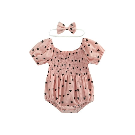 

Baby Girls Romper Puff Sleeve Hearts Printed Short-Sleeved Ruched Playsuits Rompers with Matching Headband