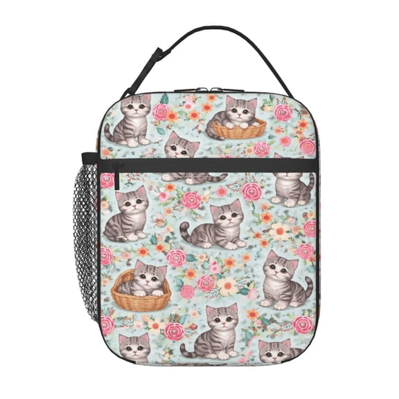 Cute Kitten Floral Cat Lover Lunch Bag Portable Thermal Lunch Box for Men and Women