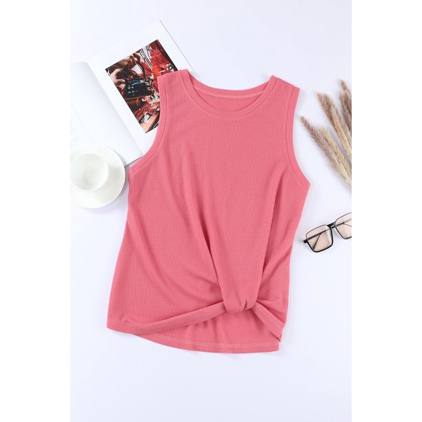 ABPHQTO Camiseta sin mangas de punto gofrado con nudo torcido rojo para mujer