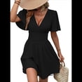 thumbnail image 2 of Vestido Mini de Verano con Escote en V y Mangas con Volantes, Corte A, Cintura Alta Elástica, Holgado y con Vuelo. Negro L, 2 of 9
