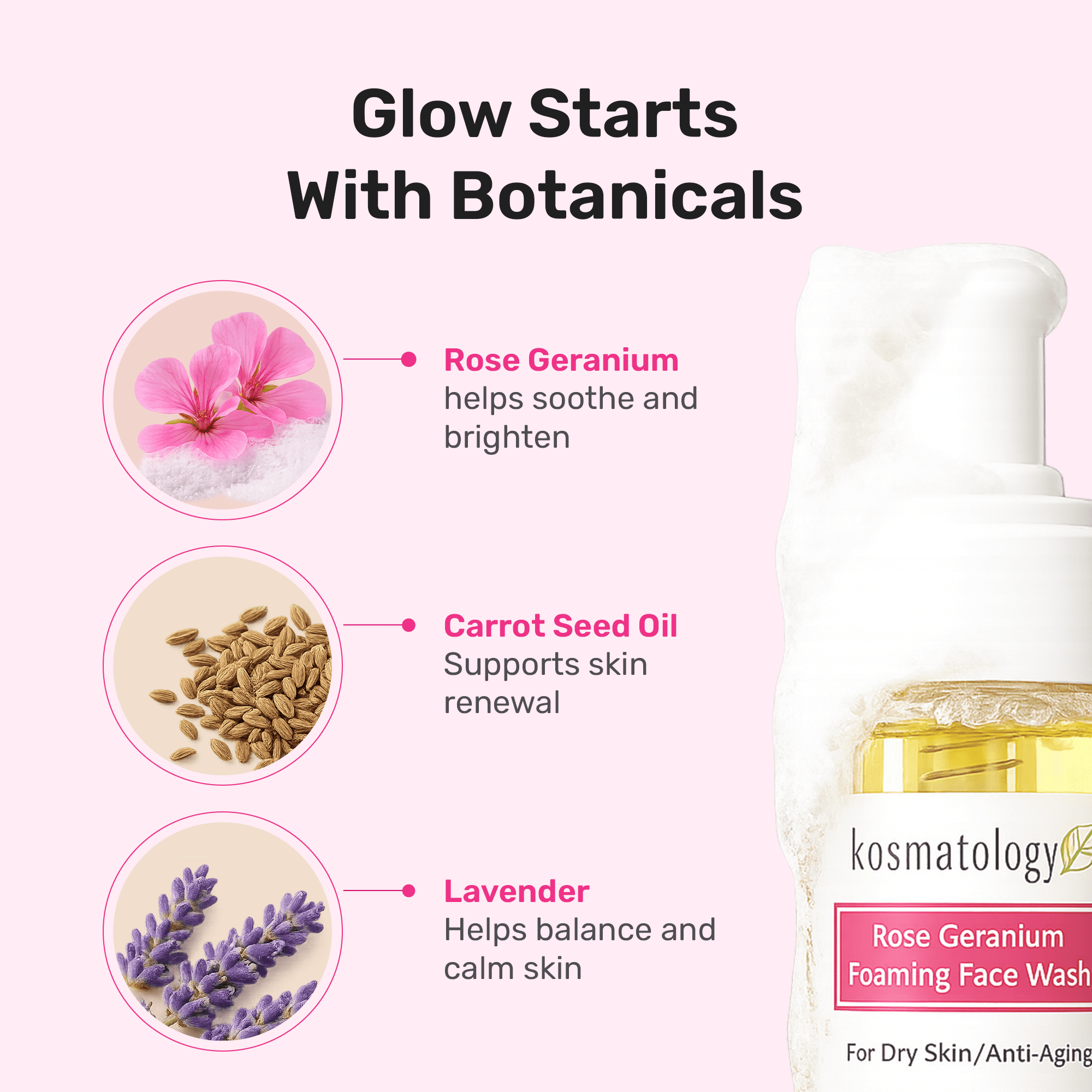 kosmatology® Rose Geranium Face Wash | Smooths Skin | Reduces Fine Lines, Wrinkles & Puffiness | Gentle Foaming Cleanser with Natural Ingredients for Youthful Skin | 6 oz