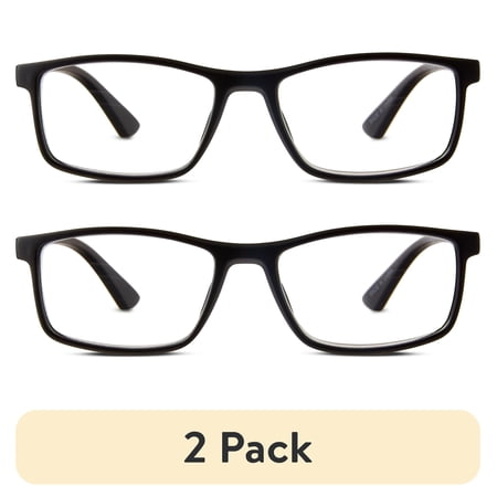 (2 pack) Equate Men's Jackson Rectangular Reading Glasses with Case, Matte Black, +3.00