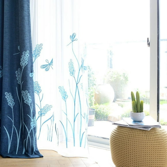 Melodieux Wheat Embroidery Sheer Curtain for Living Room Bedroom, Farmhouse Style Rod Pocket Voile Drape, White/Blue, 52 by 96 Inch (1 Panel)