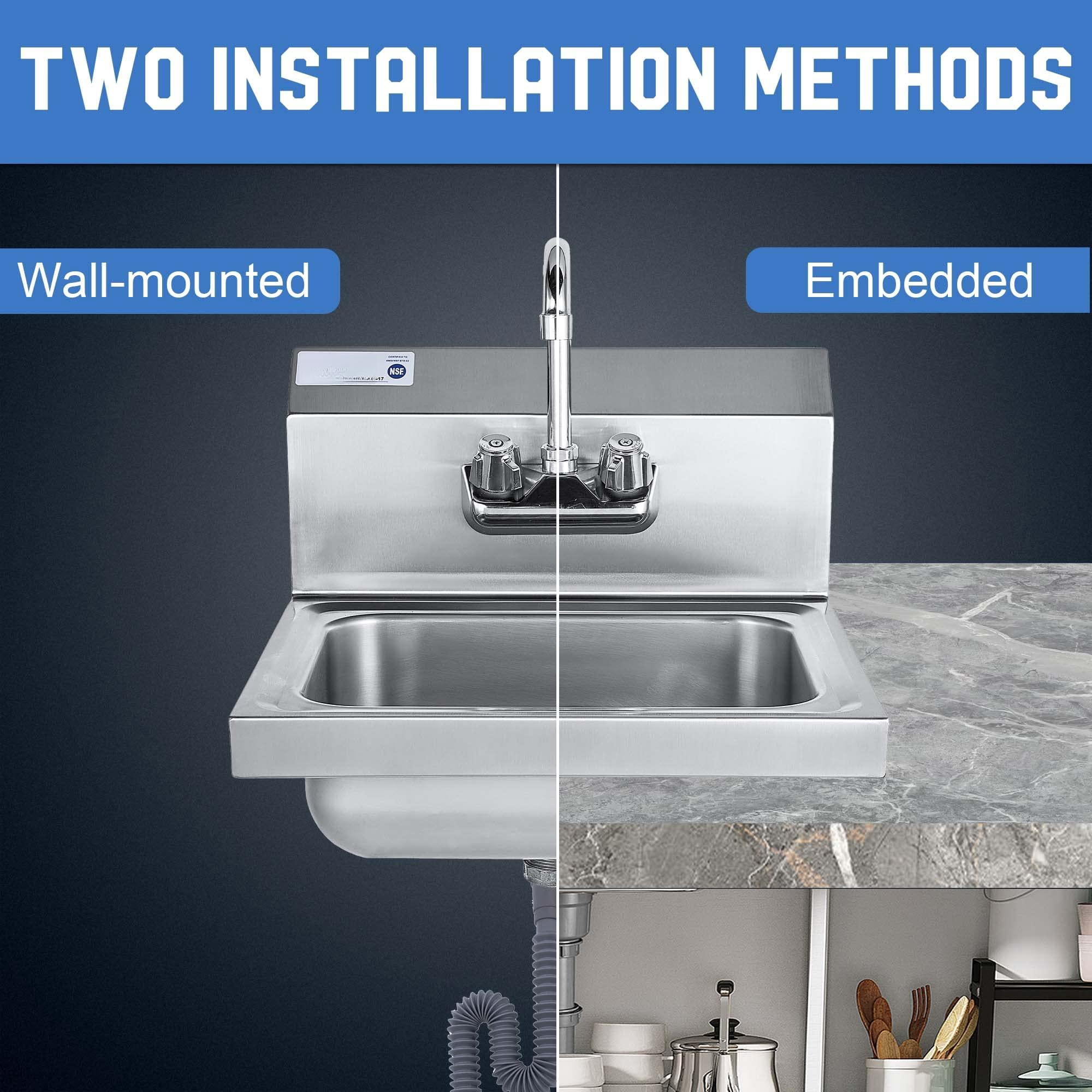 Commercial Hand Sink  Wall Mount Utility 304 Stainless Steel Wash Basin With Gooseneck Faucet Drain Basket And Backsplash For Restaurant Bar Home 17 X 15 Inch