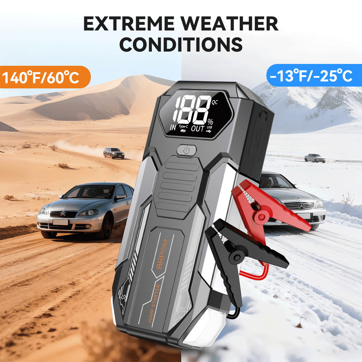 BRPOM Car Battery Jump Starter 4000A, 12V Jump Starter Battery Pack for 6.0L Gas and 5.0L Diesel, 16800mAh Portable Jump Box with LED Light, LED Display, Fast Charging & Emergency Power Bank