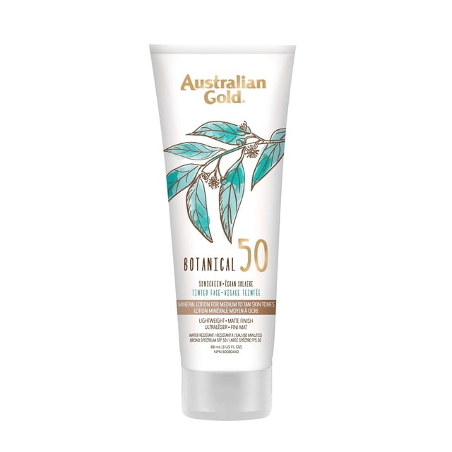 Protector solar mineral con color botanico FPS 50 de Australian Gold para pieles medias a bronceadas, 88 ml (paquete de 1)