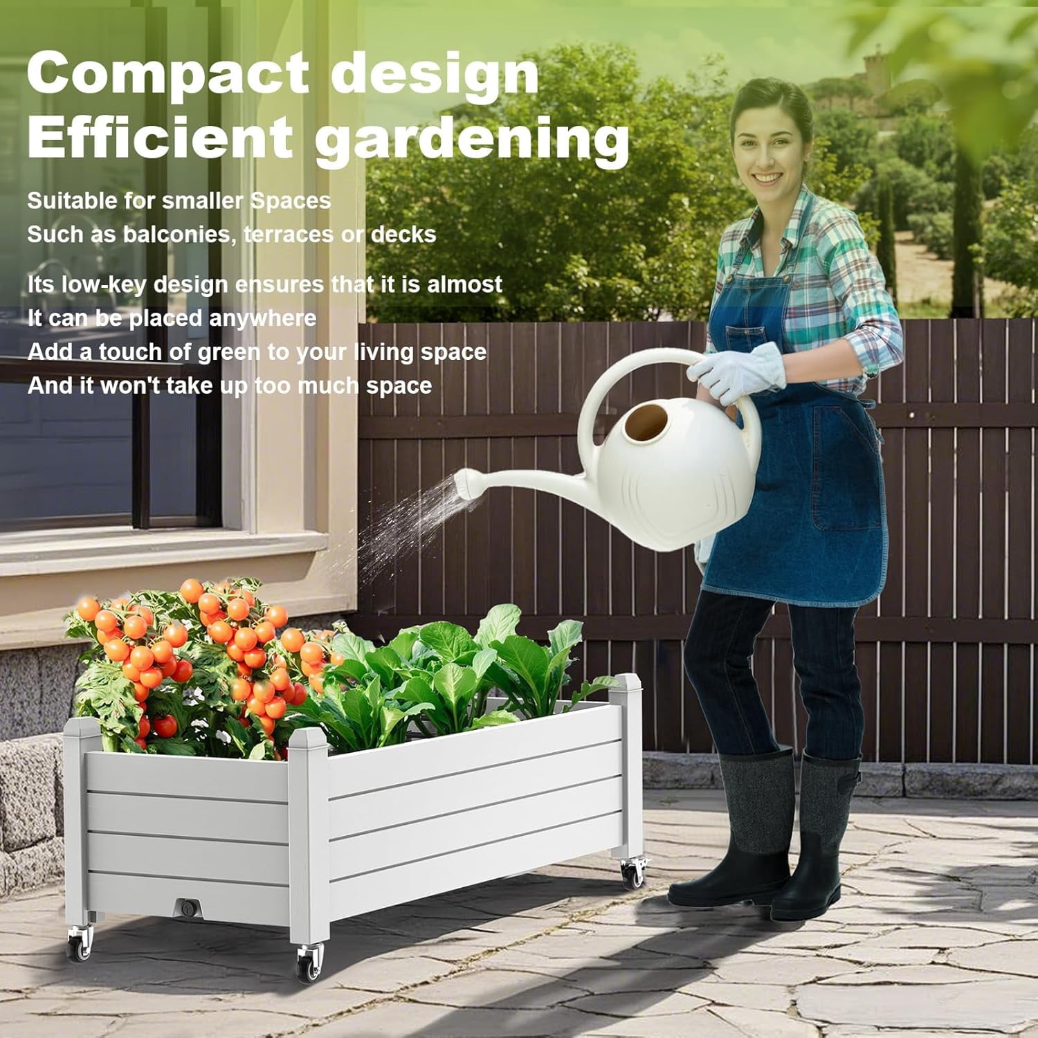 Raised Garden Bed with Lockable Wheels Outdoor - Ashen Gray Resin Planter Box for Vegetables, Herbs, Flowers on Patio, Balcony, Backyard