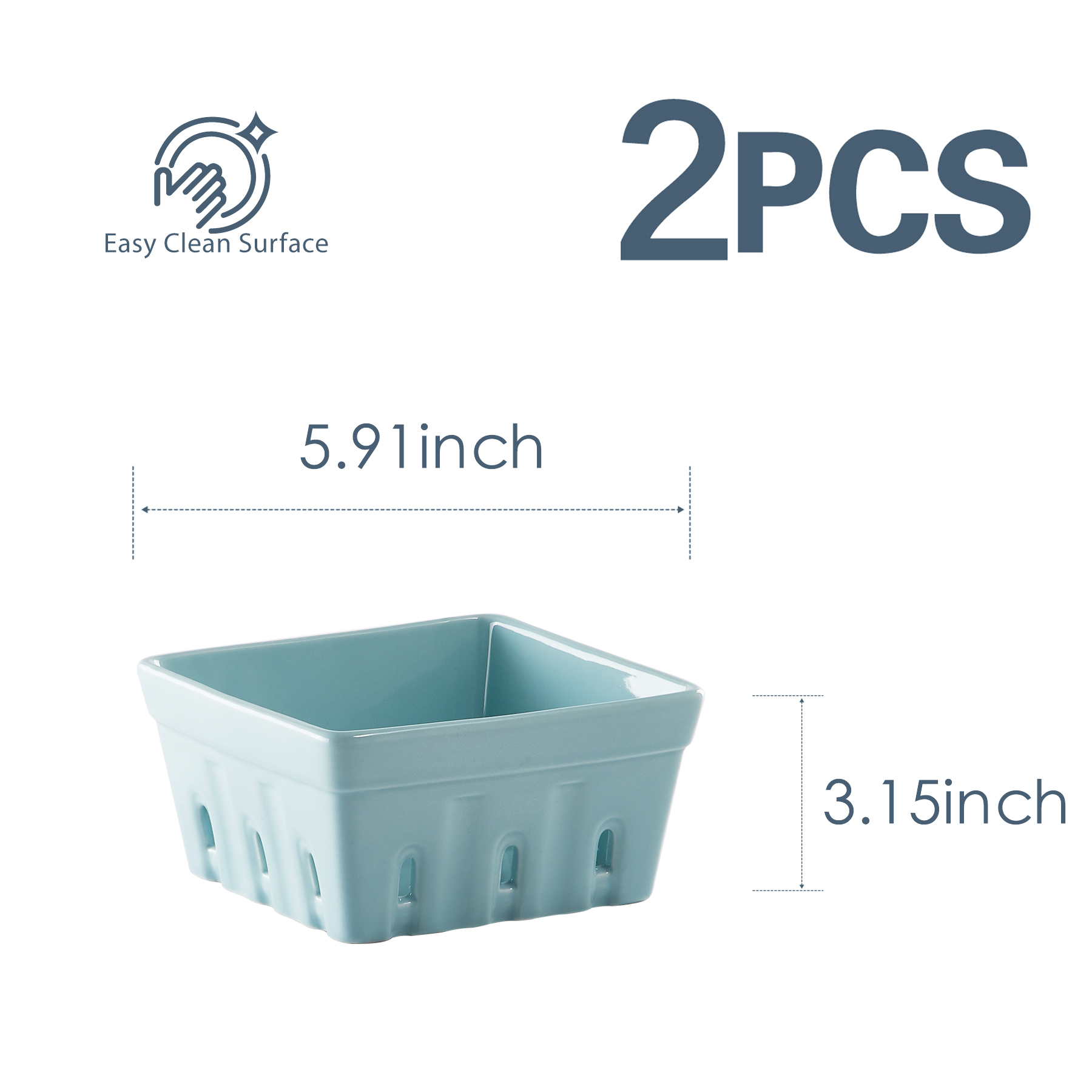 CONTENPO Ceramic Berry Basket Square Fruit Bowls with Holes Berry Bowl Colander Fruit Basket for Kitchen Décor - 5.9" Berry Containers for Fridge, Set of 2, Blue