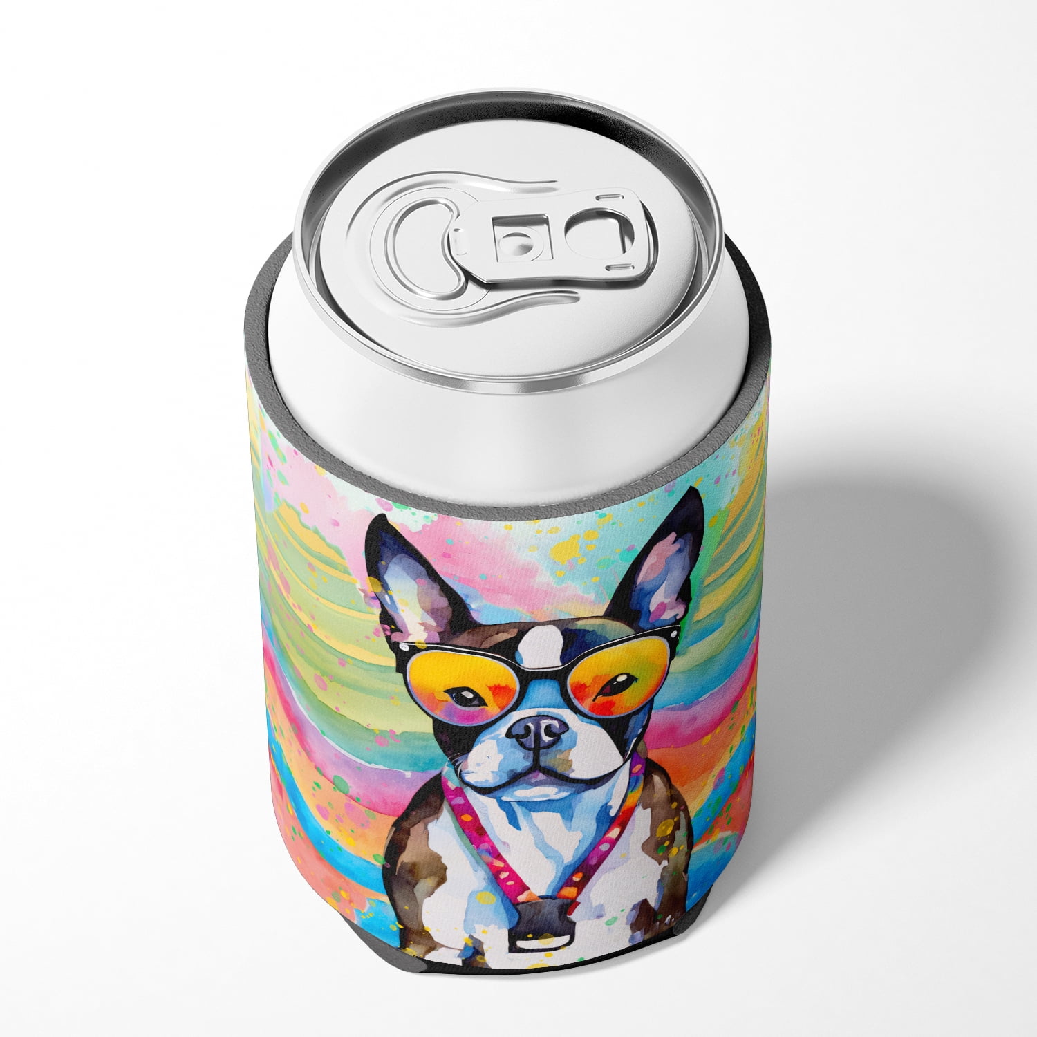 Boston Terrier Hippie Dawg Can or Bottle Hugger 3 in x 5 in