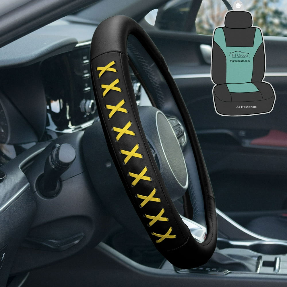 FH Group Genuine Leather Lace Up Steering Wheel Cover with Bonus Air Freshener