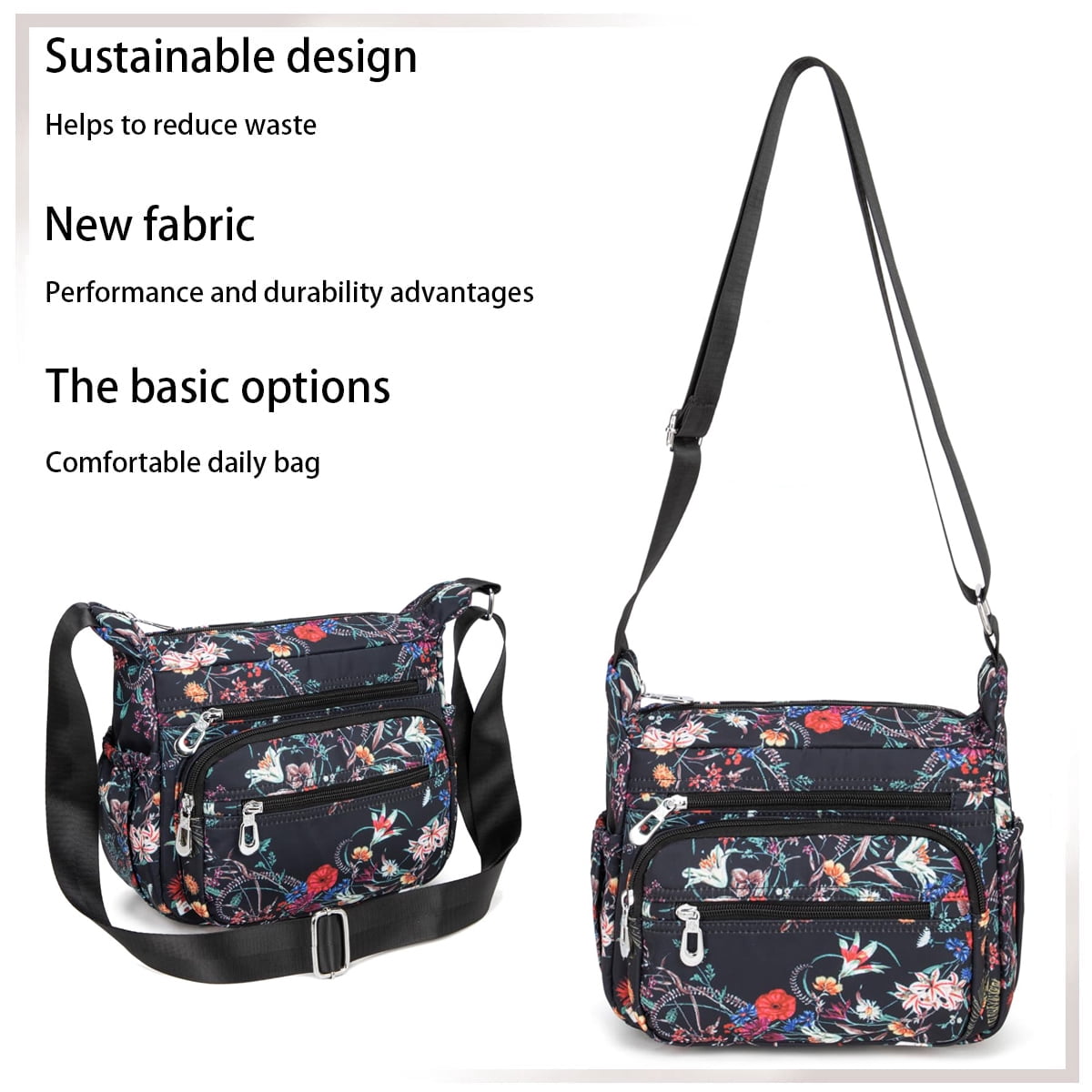 AOUNQ Crossbody Bag for Women Multi Pocket Shoulder Purse Bags Nylon Ladies Travel Handbag with Adjustable Straps