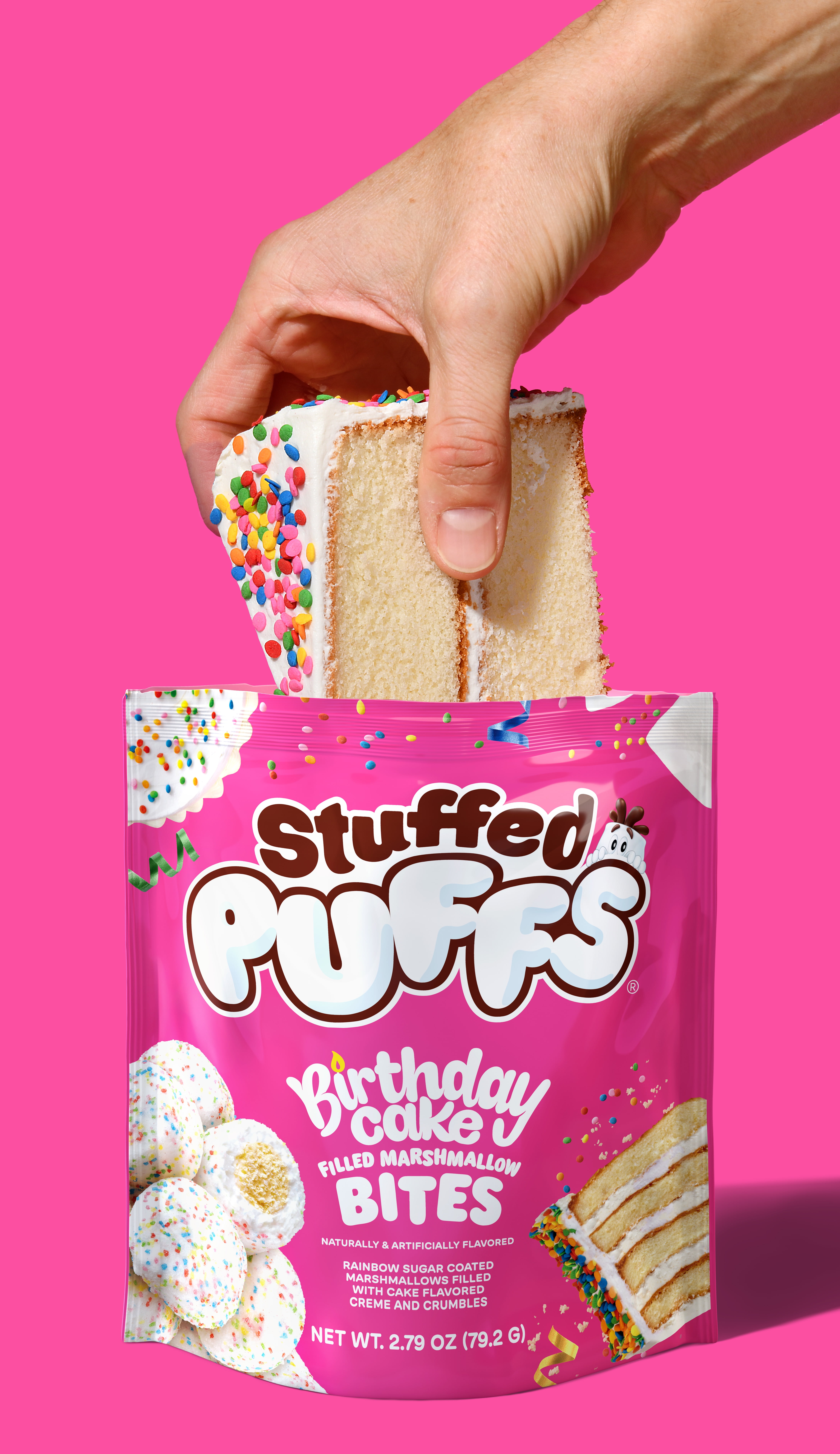 (3 pack) Stuffed Puffs Filled Marshmallow Bites, Birthday Cake, 2.79 oz Bag