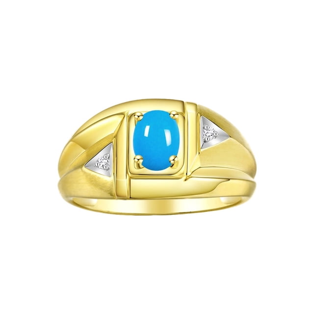 Rylos Yellow Gold Plated Silver Classic 6X4MM Oval Turquoise & Sparkling Diamond Ring - Birthstone Jewelry for Men -Size 8
