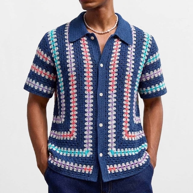 Ceisia Men's Summer Geometric Jacquard Open Knit Short Sleeve Button Down Cardigan Multicolor L Gifts
