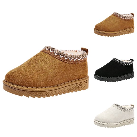 Kids Slip‑On Winter Clog Snow Boots, Fleece Lined Suede Ankle Boot, Ethnic Embroidery Trim Non‑Slip Thick Sole Shoes