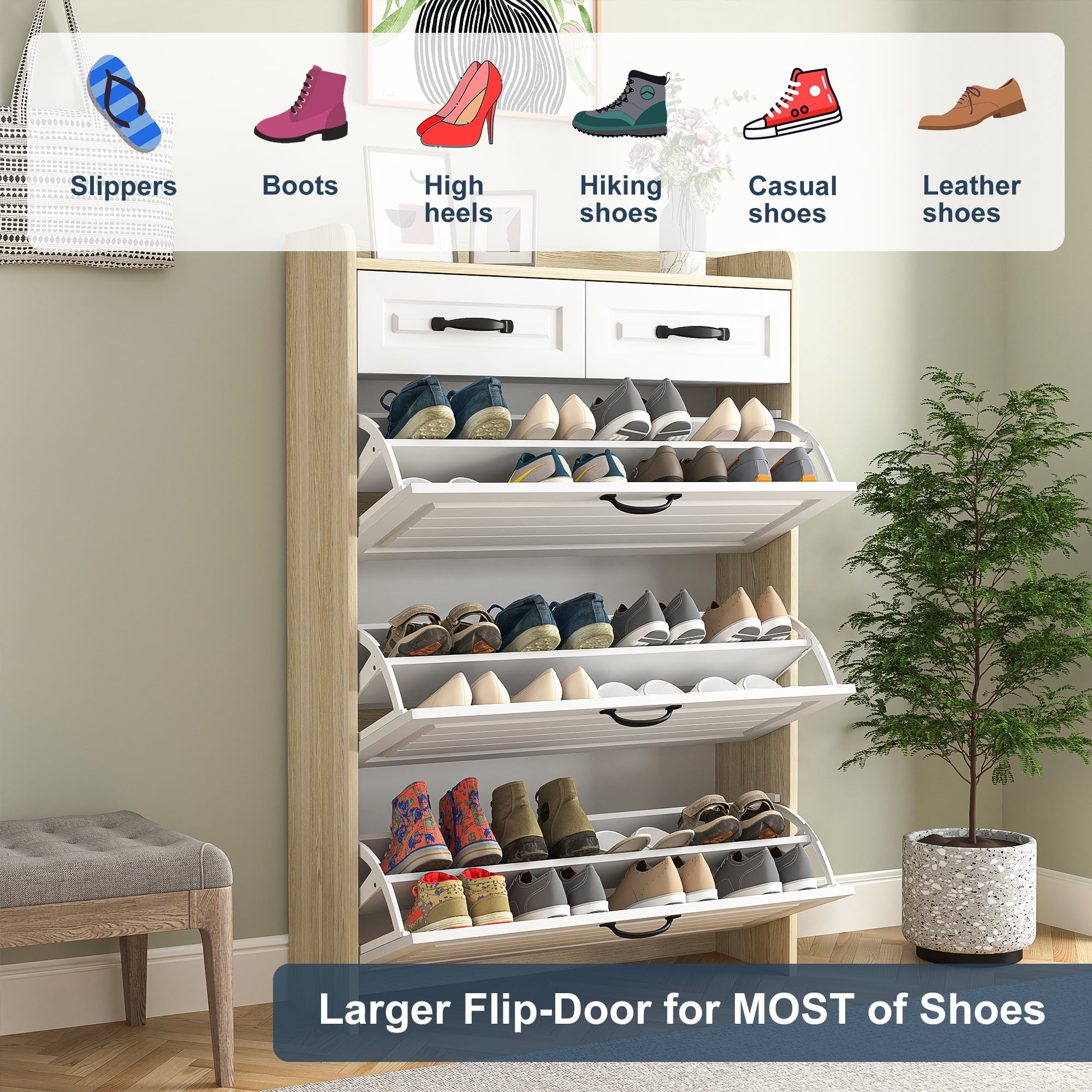 Kadyn Shoe Rack with 3 Doors, Shoe Organizer, White & Oak Shoe Cabinet with 2 Drawers, Shoe Storage Cabinet for Living Room, Hallway, Entryway