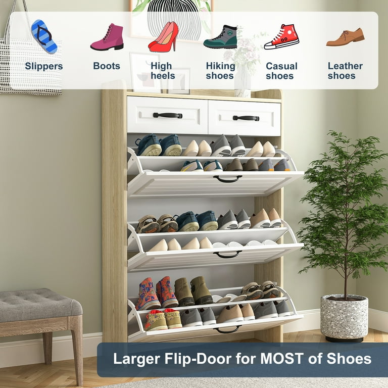 Kadyn Shoe Rack with Doors, Shoe Organizer, White Oak Shoe