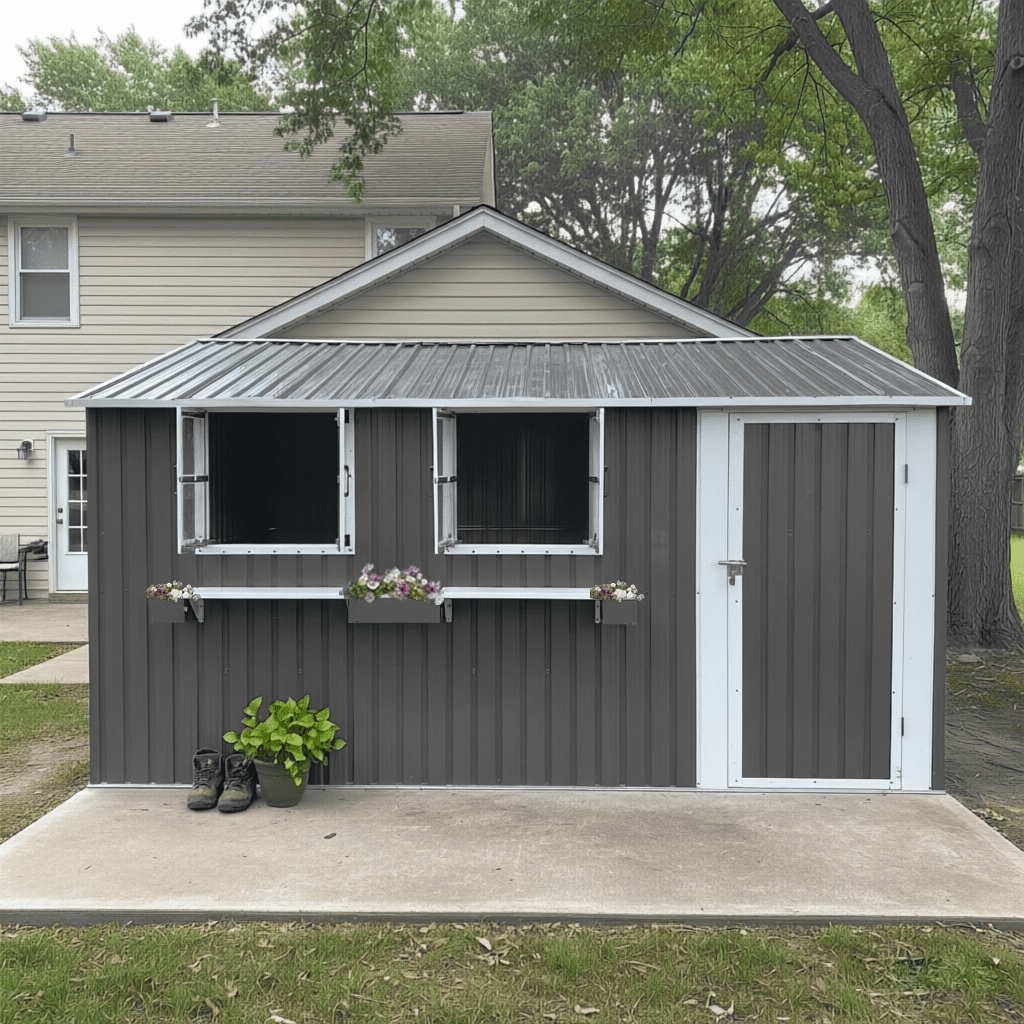 Mintazer 12×10ft Metal Outdoor Storage Shed with Lockable Door & 3 Windows, Weatherproof Garden Tool Shed with Flower Baskets, Gray
